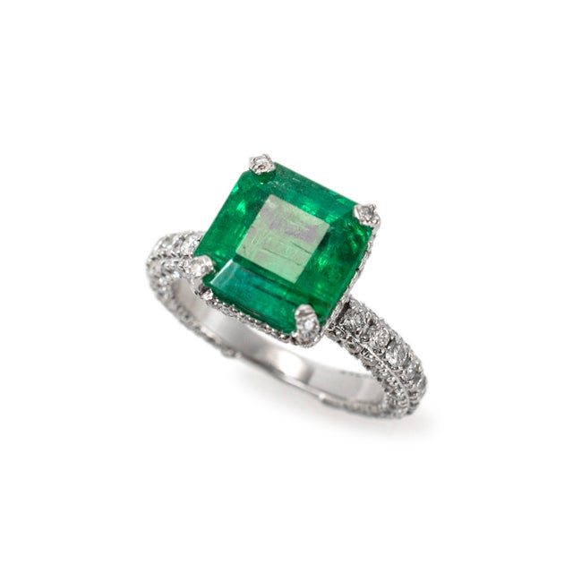 Modern 14k White Gold Gia 3.90ct Emerald Hidden Halo Accented Diamond Cocktail Ring, Size 5.25 For Sale - Image 3 of 8