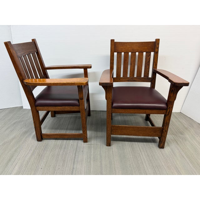Stickley Arts & Crafts Mission Style Arm Chairs, Pair For Sale - Image 4 of 12