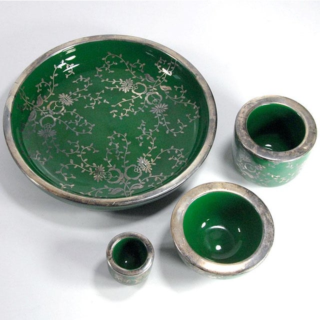Mid-Century Modern Silver Overlay Green Ceramic Set from C&P Firenze, Italy, 1950s, Set of 4 For Sale - Image 3 of 12