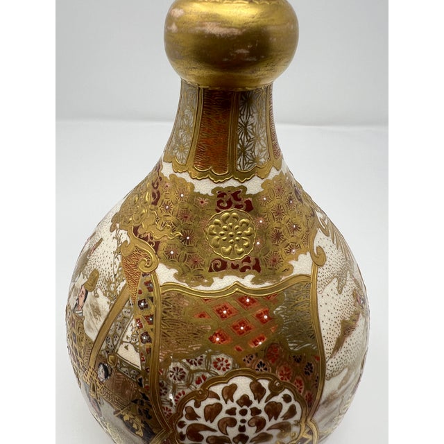 Japanese Antique Japanese Satsuma Bottle Vase, Meiji Period Figural Court Scene With Gilt Moriage Decoration For Sale - Image 3 of 9