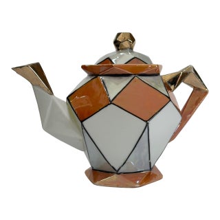 1920s Art Deco Teapot With Geometric Orange and White Pattern and Gold Luster Accents For Sale