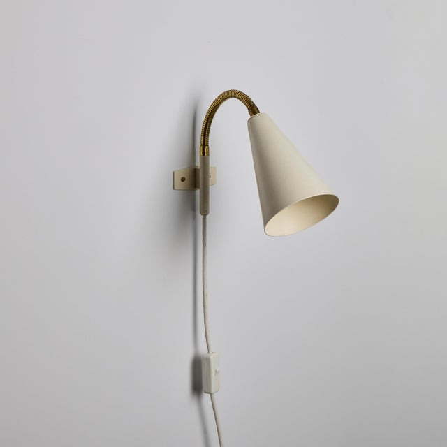 Mid-Century Modern 1960s Plug-in White Conical Brass & Metal Wall Lamps Attributed to Hans Agne Jakobsson - a Pair For Sale - Image 3 of 17