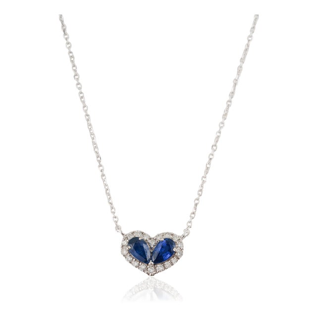Natural Twin Sapphire and Diamond Heart Necklace in 14k White Gold For Sale