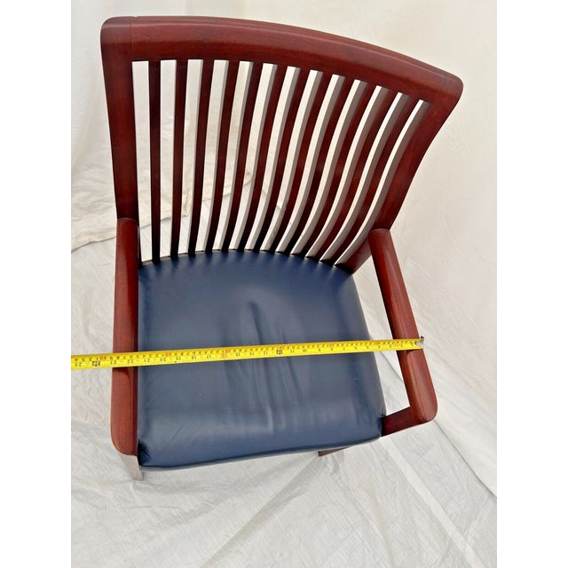 Blue 1990s Vintage Curved Spindle Back Mahogany Arm Chair with Blue Leather Seat For Sale - Image 8 of 10