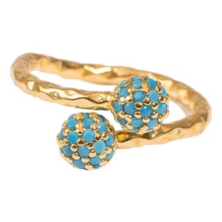 Radiant Duo Turquoise Gold Adjustable Ring, Size 8 For Sale