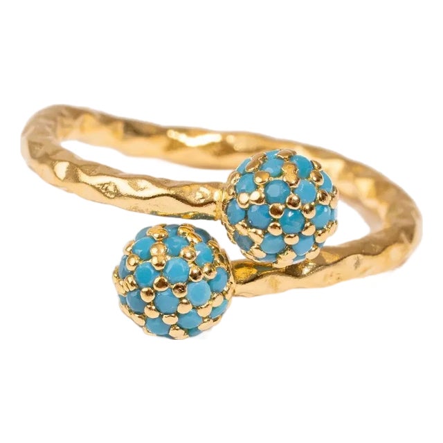 Radiant Duo Turquoise Gold Adjustable Ring, Size 8 For Sale