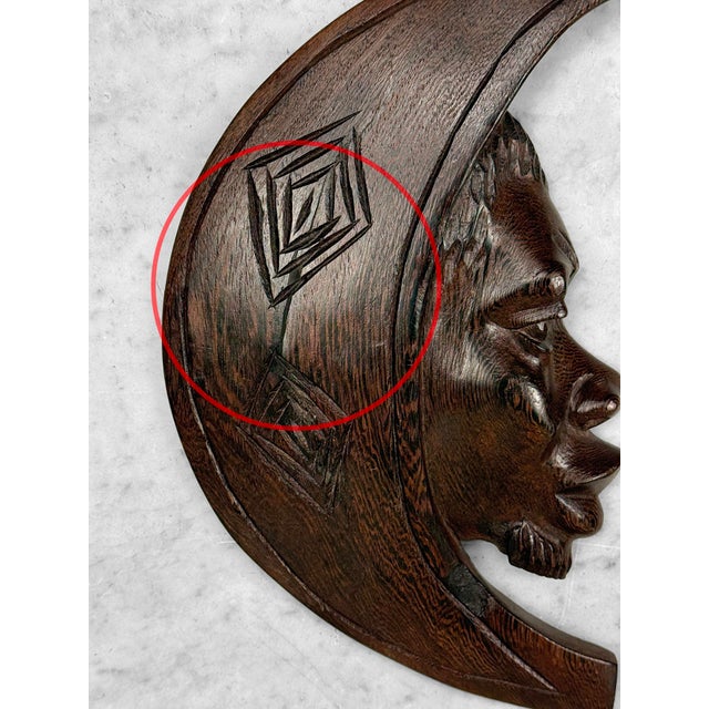 Wood Vintage African Tribal Carved Crescent Moon Man & Women Wall Sculptures - A Pair For Sale - Image 7 of 10