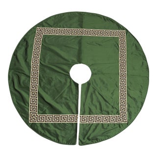 Emerald Green Dupioni Silk Greek Key Christmas Tree Skirt For Sale