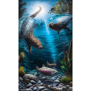 Otter Pops by Shay Davis | Oil Painting of otters swimming underwater with fish and plants For Sale