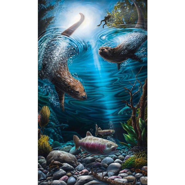 Otter Pops by Shay Davis | Oil Painting of otters swimming underwater with fish and plants For Sale