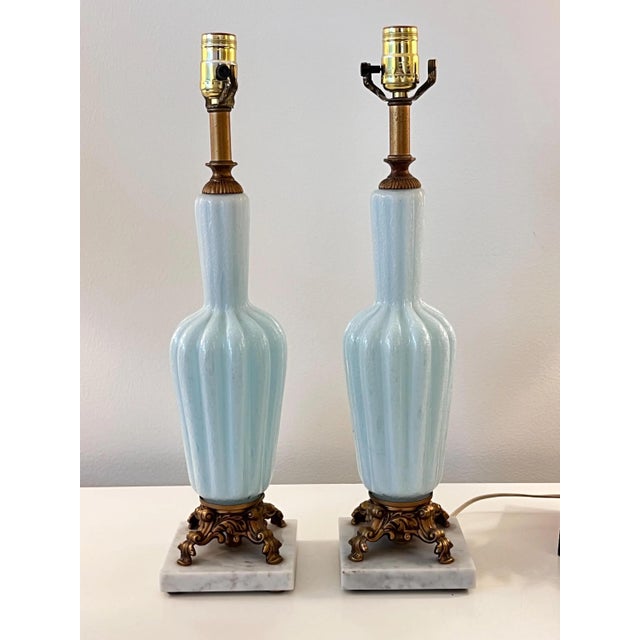 Metal Mid 20th Century Pale blue Murano glass table lamps with gold metal and marble bases - a Pair For Sale - Image 7 of 13