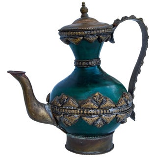 Antique Moroccan Brass Ceramic Teapot For Sale