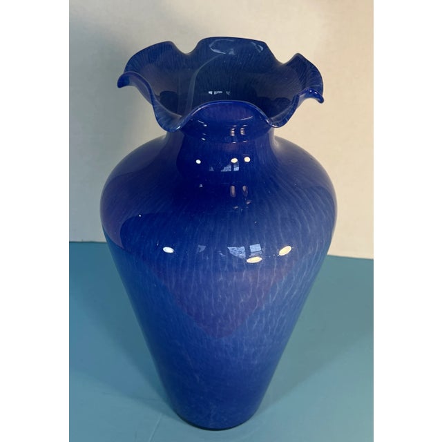 Blue Murano Blue Ruffled Art Glass Vase For Sale - Image 8 of 12