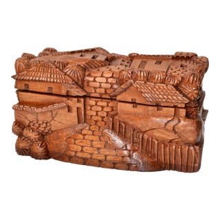 Vintage Handcrafted and Carved Wood Box House Motif, Trinket Box, Keepsake Box For Sale