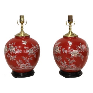 Hand-Painted Chinoiserie Red Porcelain Table Lamps - Pair For Sale