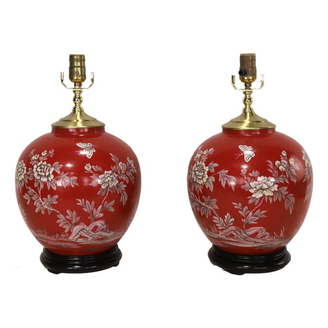 Hand-Painted Chinoiserie Red Porcelain Table Lamps - Pair For Sale