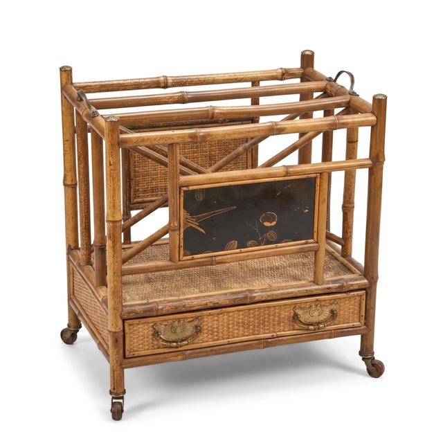 19th-C. English Burnt Bamboo & Grasscloth Chinoiserie Magazine Rack or Canterbury For Sale In Atlanta - Image 6 of 8