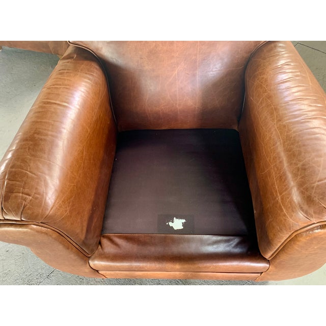 Pair of Leather Club Chairs, French Art Deco-Style, Classic Distressed Brown Leather, "Mustache" Back For Sale - Image 6 of 13