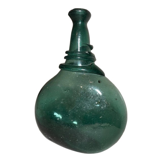 Antique 18th Century Hand Blown Middle Eastern Green Saddle Flask Bottle Jar For Sale