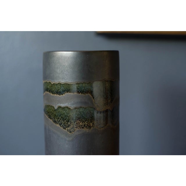 Mid Century Modern Matte Blue Drip Ceramic Pottery Vase For Sale - Image 4 of 11