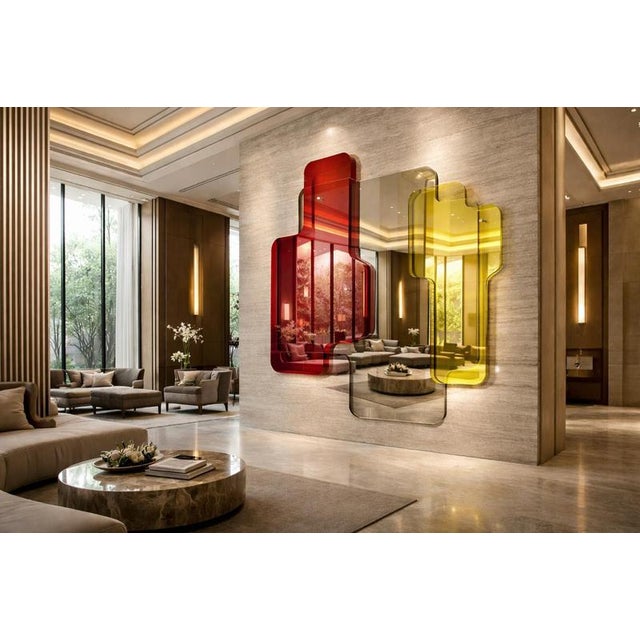 Gold Stratos Quadro Red & Yellow Maxi Sculptural Wall Mirror by GTG Design Couture For Sale - Image 8 of 9