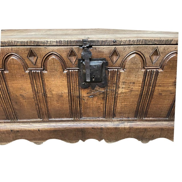 Spanish Chest in Chestnut with Carved Arches, 1650s For Sale - Image 3 of 11