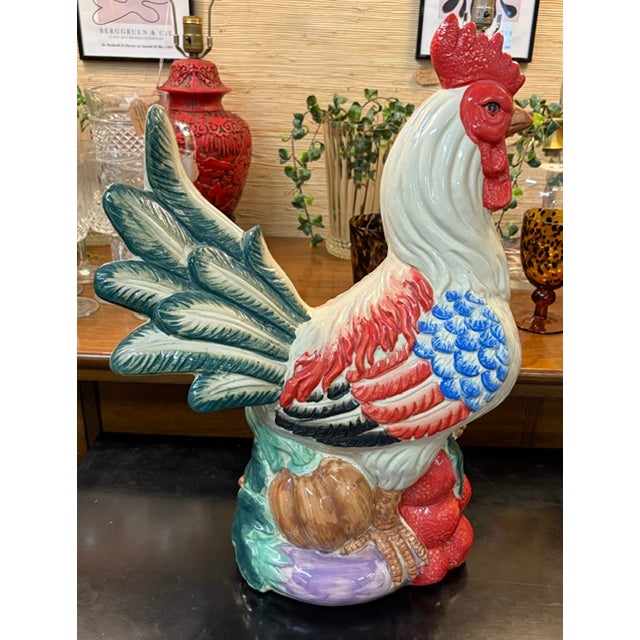 French Country Large Vintage Majolica Style Ceramic Rooster Figurine For Sale - Image 3 of 8