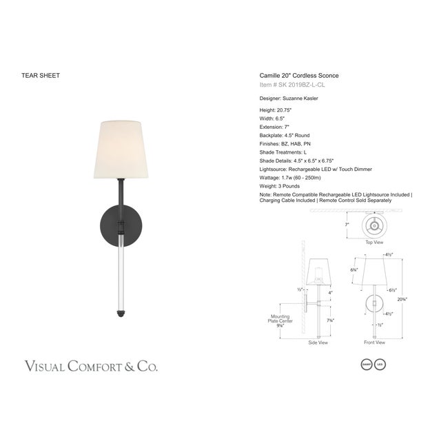 Suzanne Kasler for Visual Comfort Signature Camille 20" Cordless Sconce in Bronze with Linen Shade For Sale In Houston - Image 6 of 8