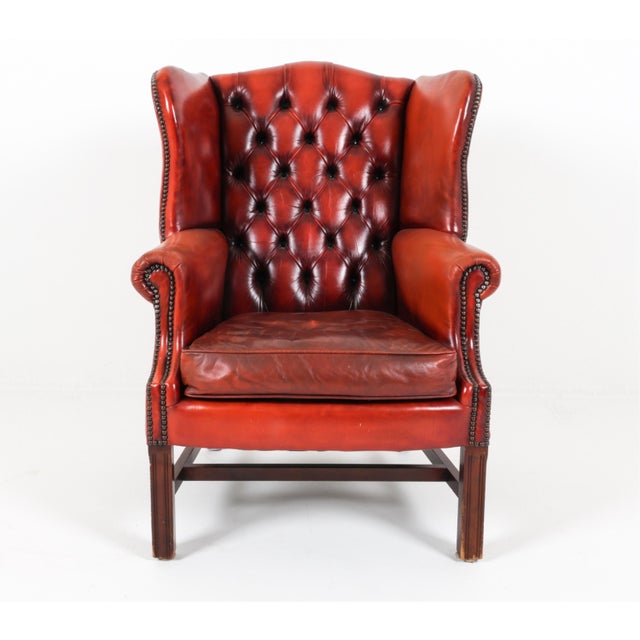 Chippendale 1970s Scandinavian Mid Century Chippendale-Style Cognac Leather Wingback Chair For Sale - Image 3 of 10