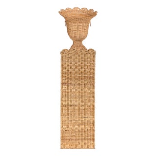 Square Scalloped Trim Wicker Urn and Pedestal For Sale