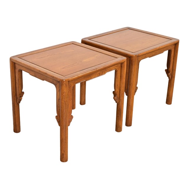 Michael Taylor for Baker Furniture Mid-Century Hollywood Regency Chinoiserie Carved Elm Side Tables, Pair For Sale