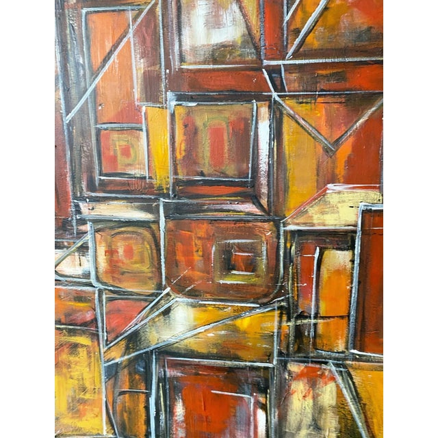 Burnt Orange Acrylic on Canvas Abstract Signed Yjr 54.5" H "Les Fenêtres De Manhattan " in Vintage Frame For Sale - Image 8 of 12