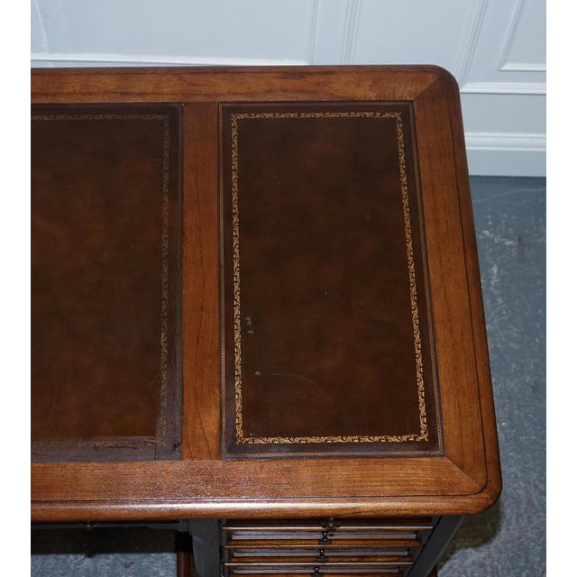 Vintage Hekman Usa Twin Pedestal Desk with Brown Leather Top Brass Handles For Sale - Image 14 of 18