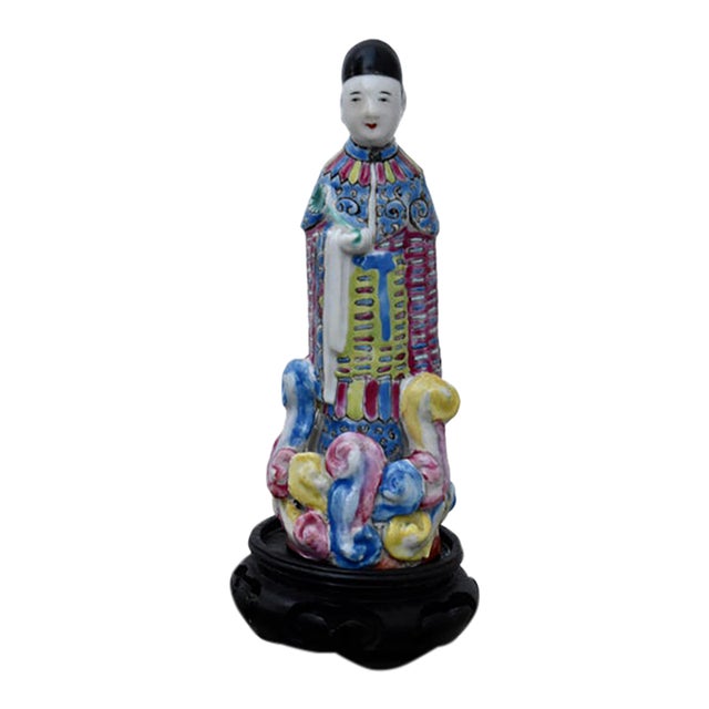 Vintage Chinese Famille Rose Porcelain Figurine Scholar Court Figure Wood Stand For Sale