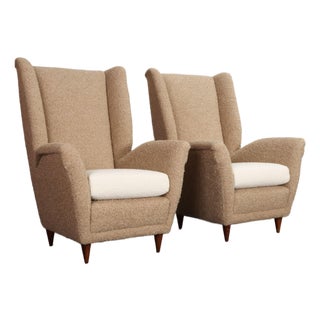 Pair of Italian Modernist High Back Lounge Chairs in Two-Tone Bouclé and Walnut For Sale