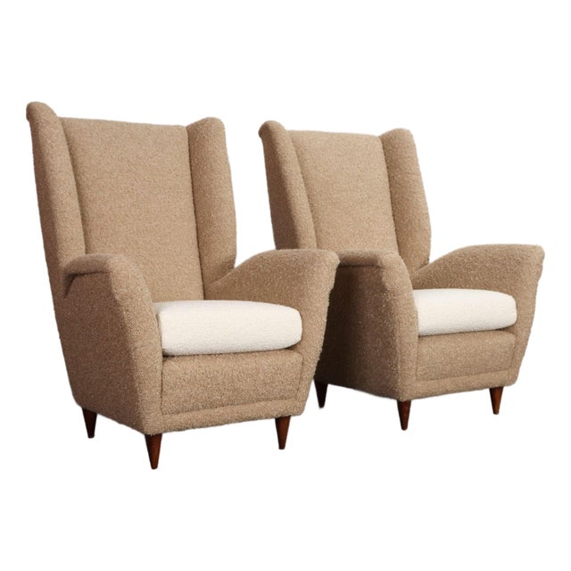 Pair of Italian Modernist High Back Lounge Chairs in Two-Tone Bouclé and Walnut For Sale