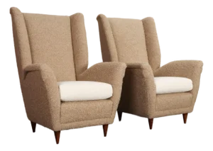 Pair of Italian Modernist High Back Lounge Chairs in Two-Tone Bouclé and Walnut
