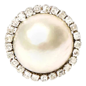 Vintage Mabe Pearl, 14 Karat White Gold and Diamond Dome Cocktail Ring Size 6