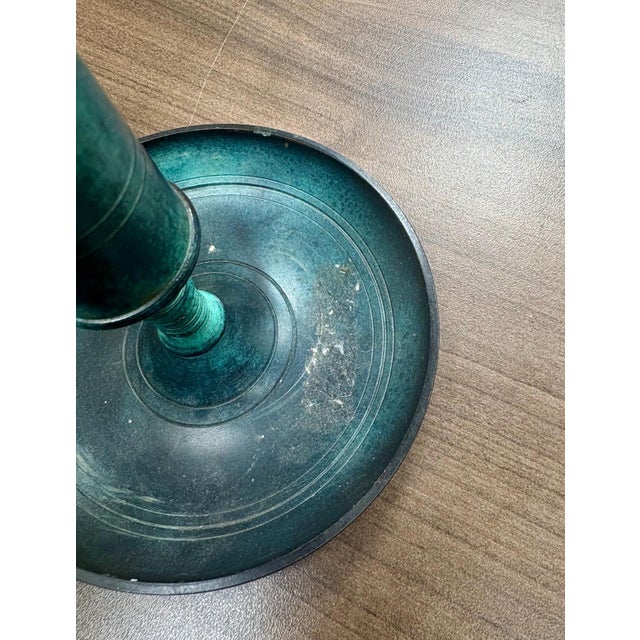 Metal Vintage Oxidized Brass Candlestick With Candle Push Handle For Sale - Image 7 of 12