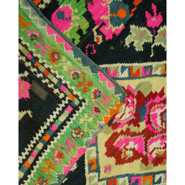 1930s Vintage Romanian-Moldovan Bessarabian-Style Floral Wool Rug with Black Ground Rose Medallion and Green Border, 1930 For Sale - Image 5 of 11