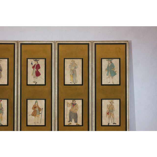 Brown Four-Panel Screen with Painted Theatrical Costume Figures on Raised Panels For Sale - Image 8 of 12