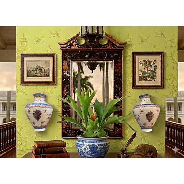 Bring Old World charm to your walls with this rare pair of large vintage Italian majolica wall vases, beautifully...