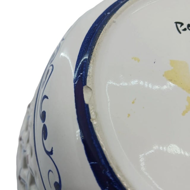 Mid 20th Century Vintage Ceramic Basket Portugal White Blue Floral Italian Farmhouse Cottagecore For Sale - Image 4 of 4