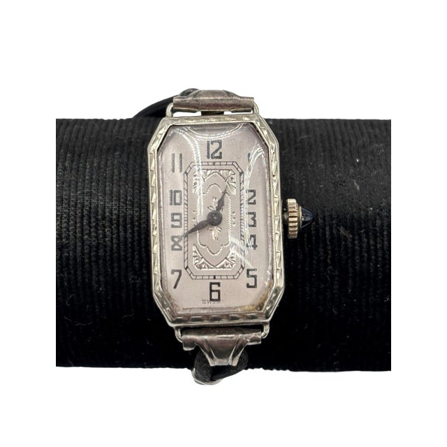 Art Deco 1920s Art Deco 14k White Gold Filled Womens Watch W/ Silk Cord For Sale - Image 3 of 7