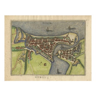 Antique Hand-Coloured French Coastal Town Engraving, 1666 For Sale