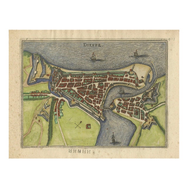 Antique Hand-Coloured French Coastal Town Engraving, 1666 For Sale