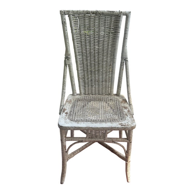1910-20 Heywood Wakefield White Wicker Chair With Cane Seat, Attributed For Sale