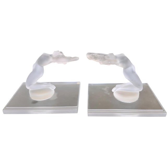 Lalique Pair of Modern Frosted Crystal Lalique Chrysis Nude Bookends For Sale - Image 4 of 5