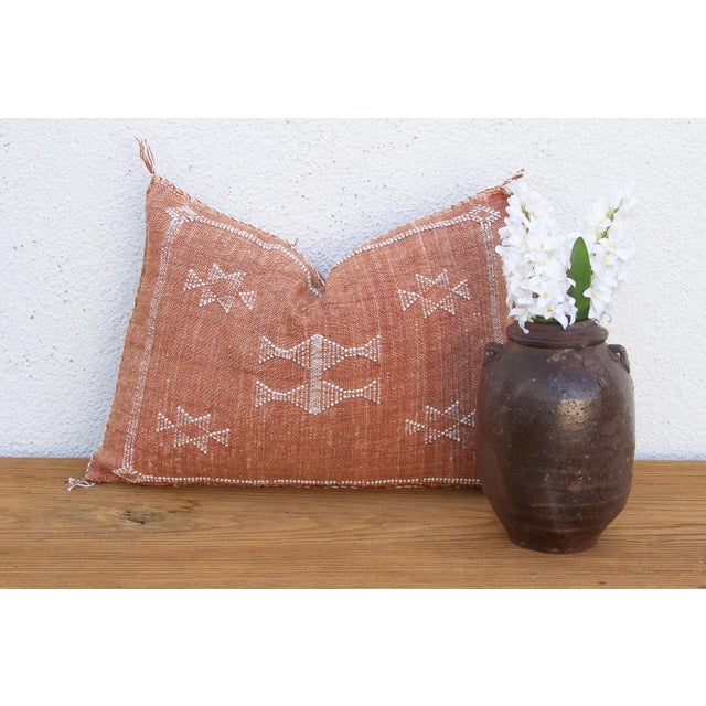 Copper Terracotta Diamond Lumbar Moroccan Silk Pillow For Sale - Image 8 of 8