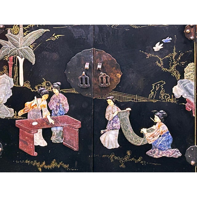 Vintage Chinoiseries Black & Stone Inlay Graphic End Table Nightstand For Sale - Image 11 of 15